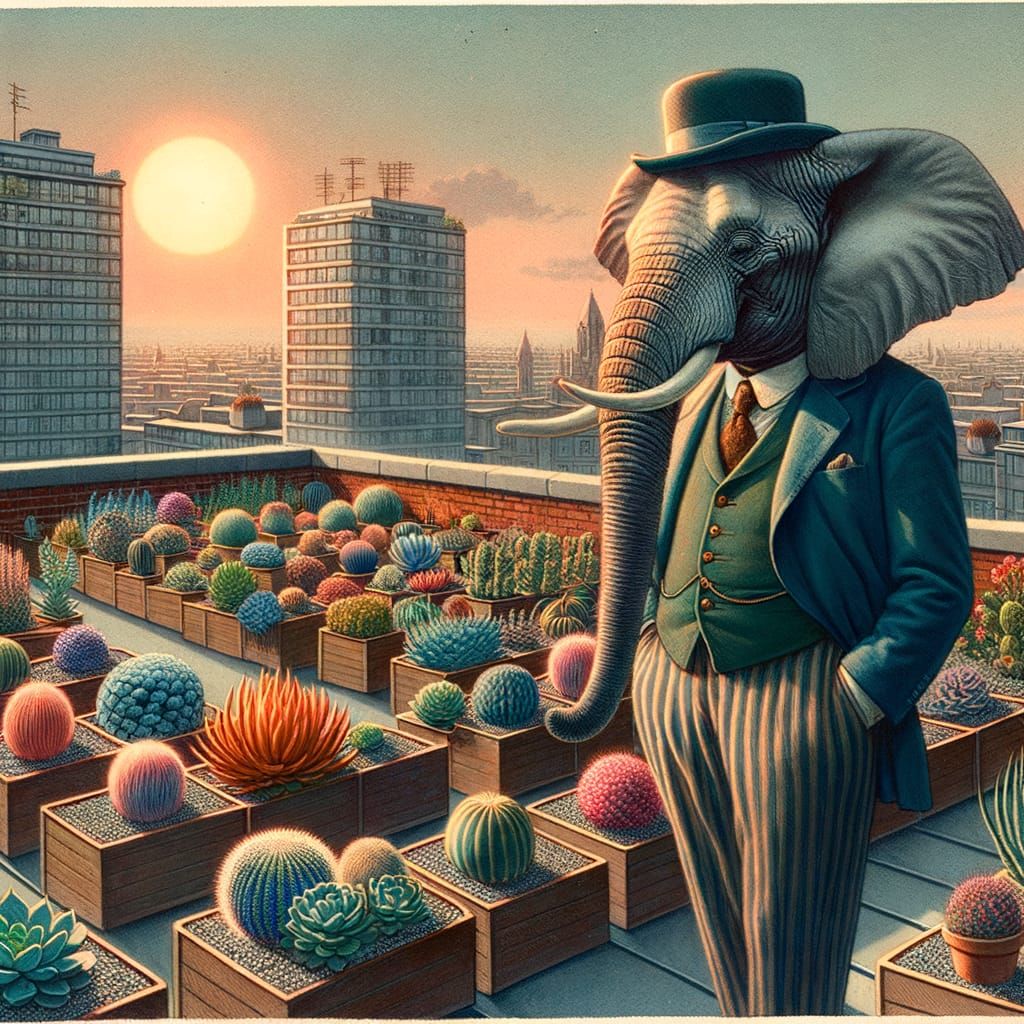 Elephant Gardener in Plus-Four Suit: Vintage Illustration