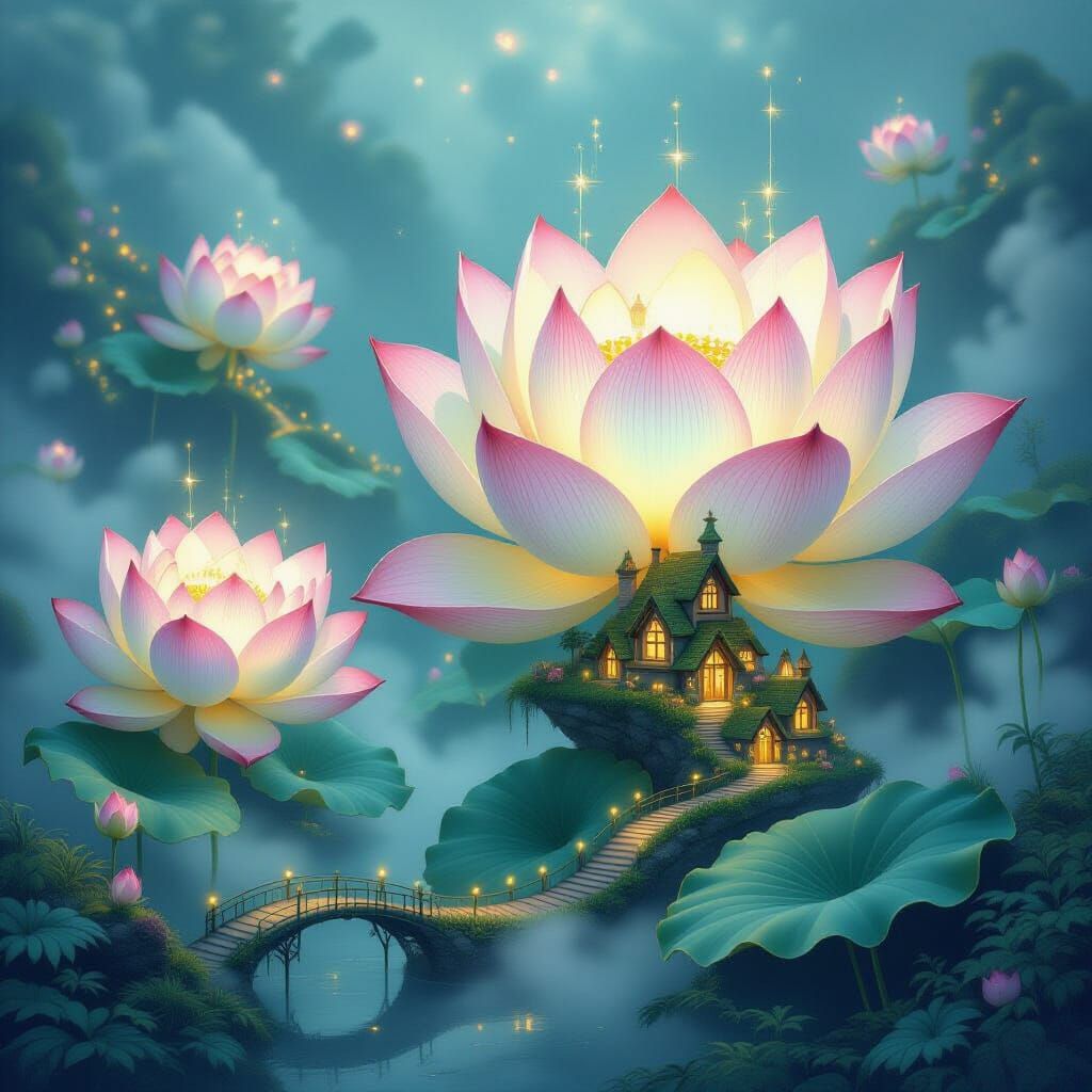 Luminous Lotus Flowers with Fairy Villages