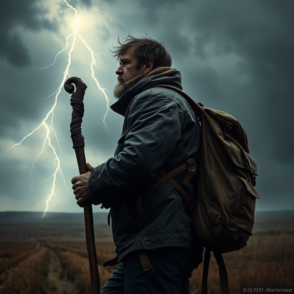 Weary Traveler on Stormy Moor in Dramatic Lighting