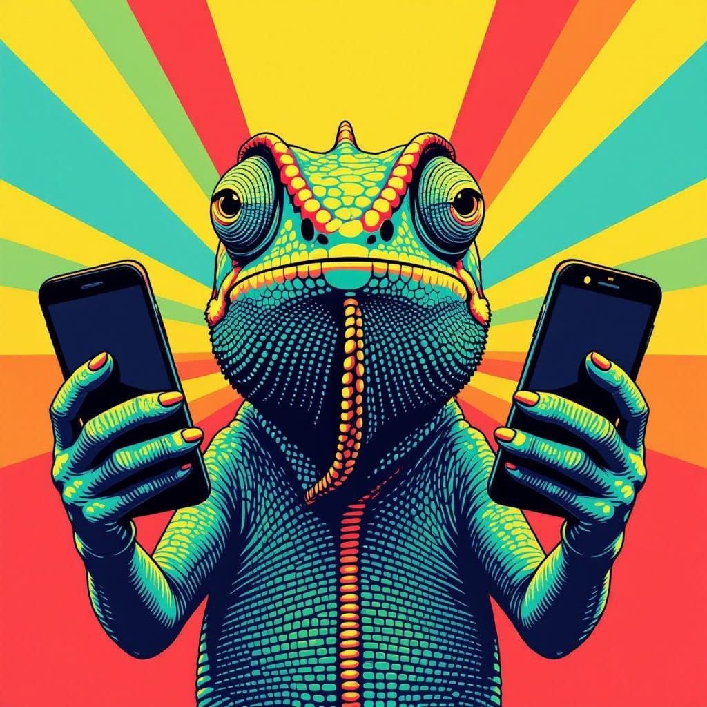 Surreal Chameleon in Pop Art Style Holding Smartphones