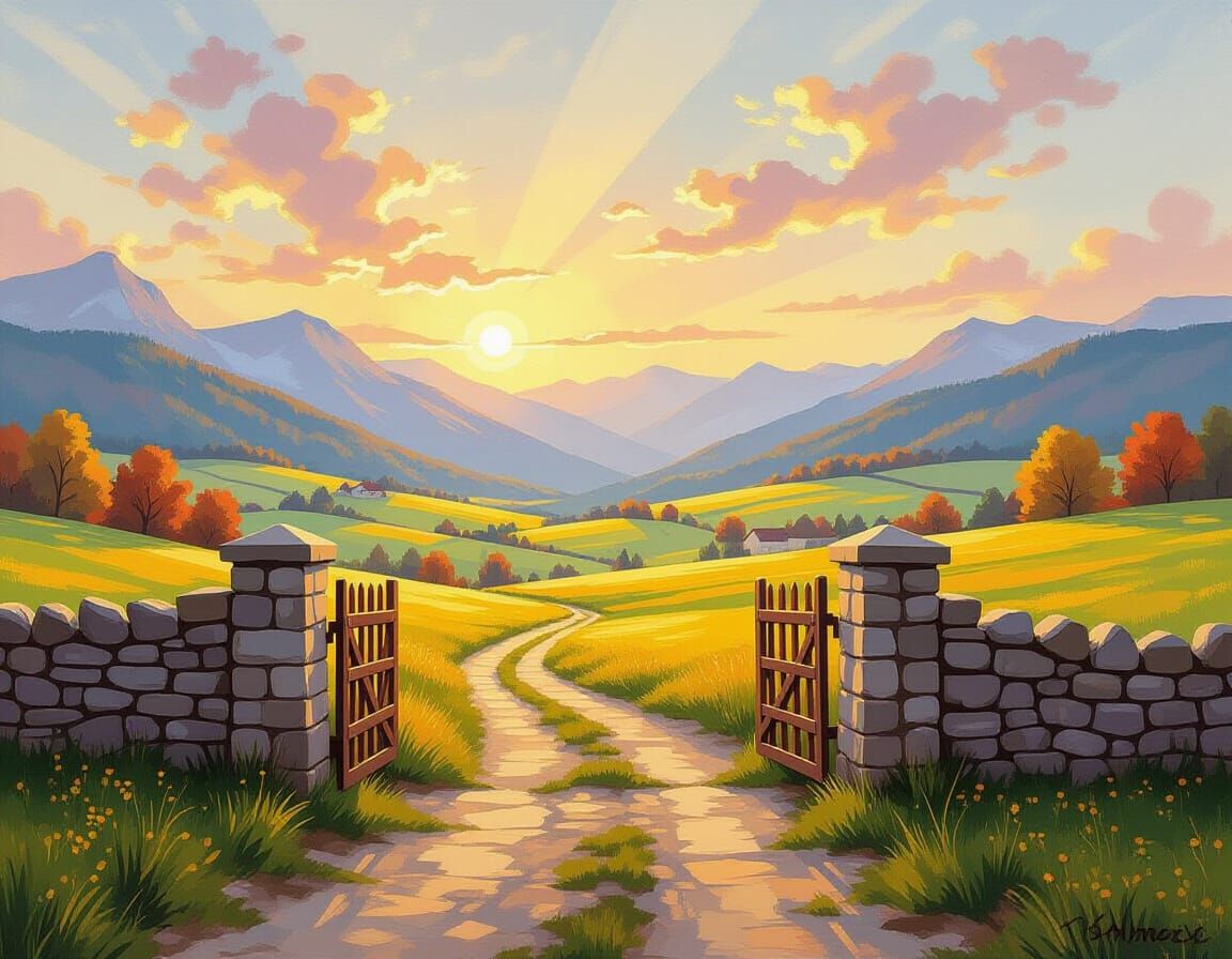 Rustic Stone Gate Opens to Autumn Valley Sunrise