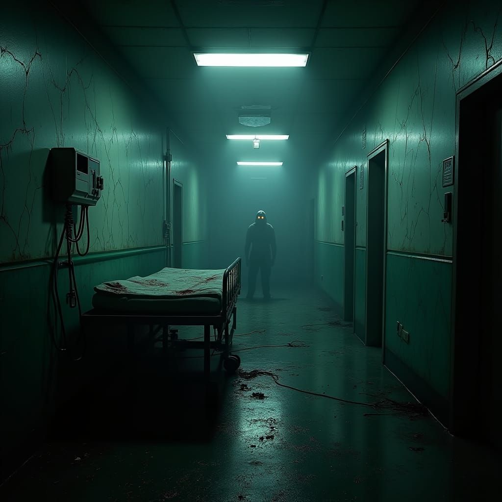 Eerie Abandoned Hospital Corridor in Dark Surrealism