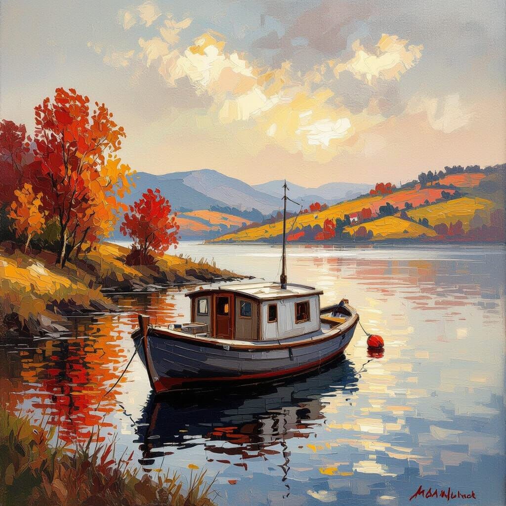 Houseboat on Calm Ocean with Vibrant Autumn Landscape Oil Pa...