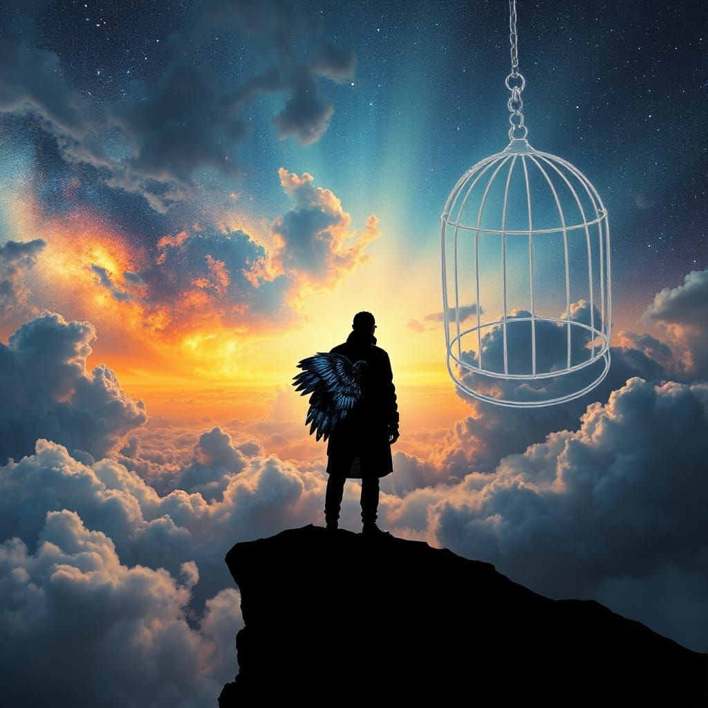 Figure Liberated on Cliff Edge, Embracing Cosmic Sky