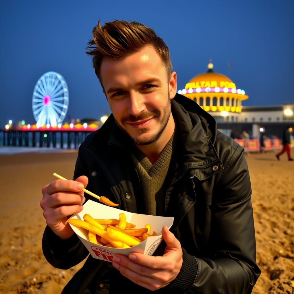 Celebrity Enjoying Fish and Chips on Brighton Beach