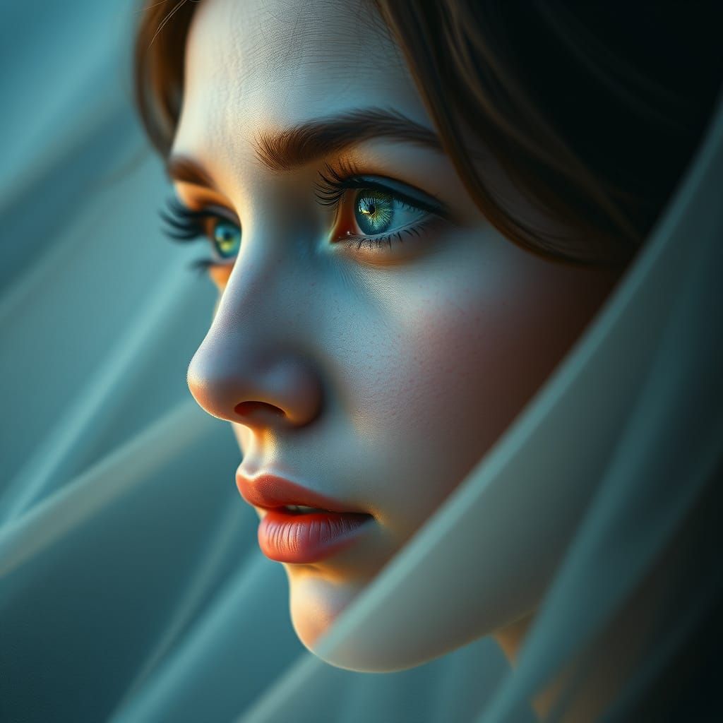 Woman with Piercing Green Eyes in Dreamy Landscape