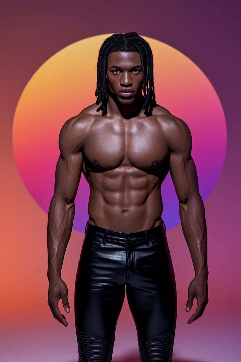 Confident Black Male Model in Leather Pants