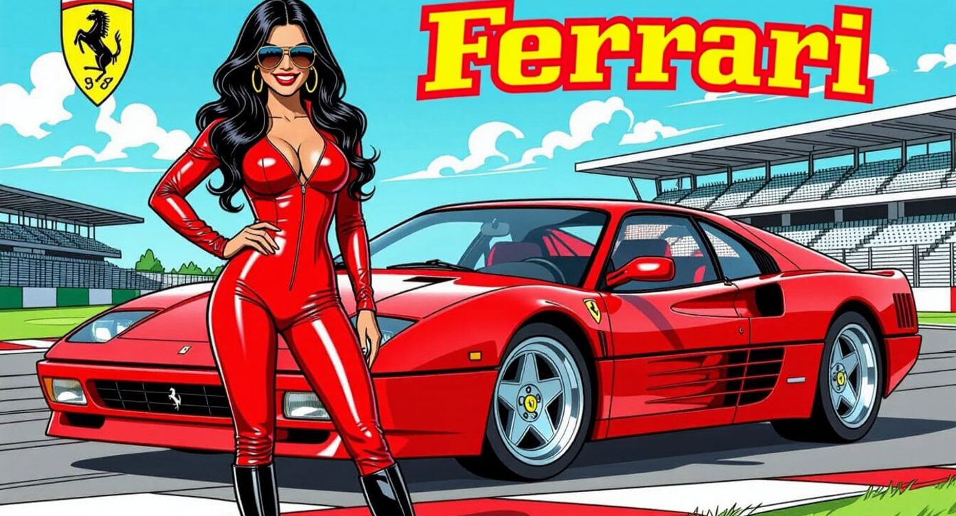 Italian Model in Red Catsuit with Ferrari, 1970s Comic Art