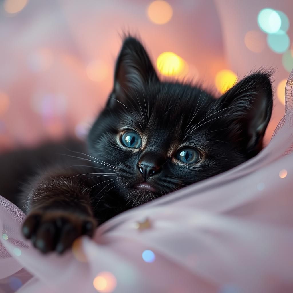Cute Black Kitten Portrait in Dreamy Fantasy Style