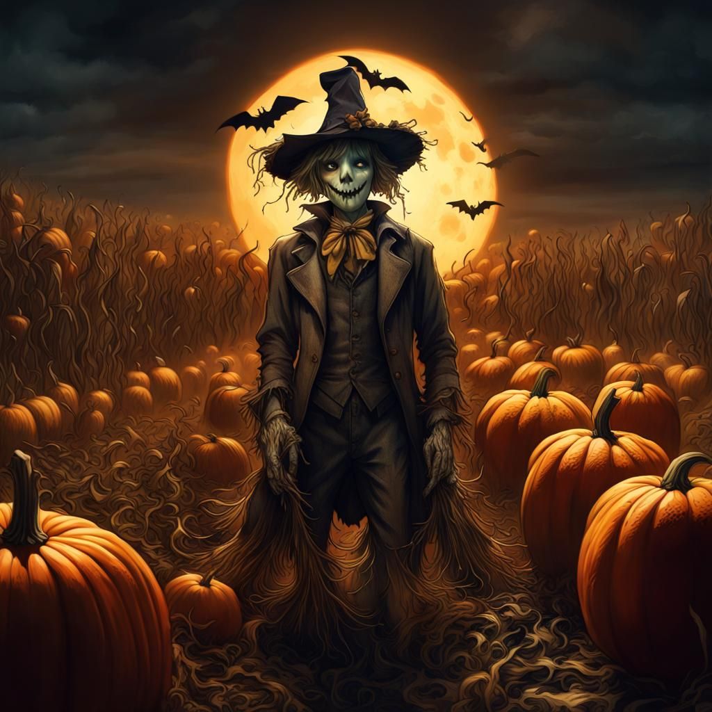 Hyperrealistic Halloween Scarecrow in Pumpkin Field