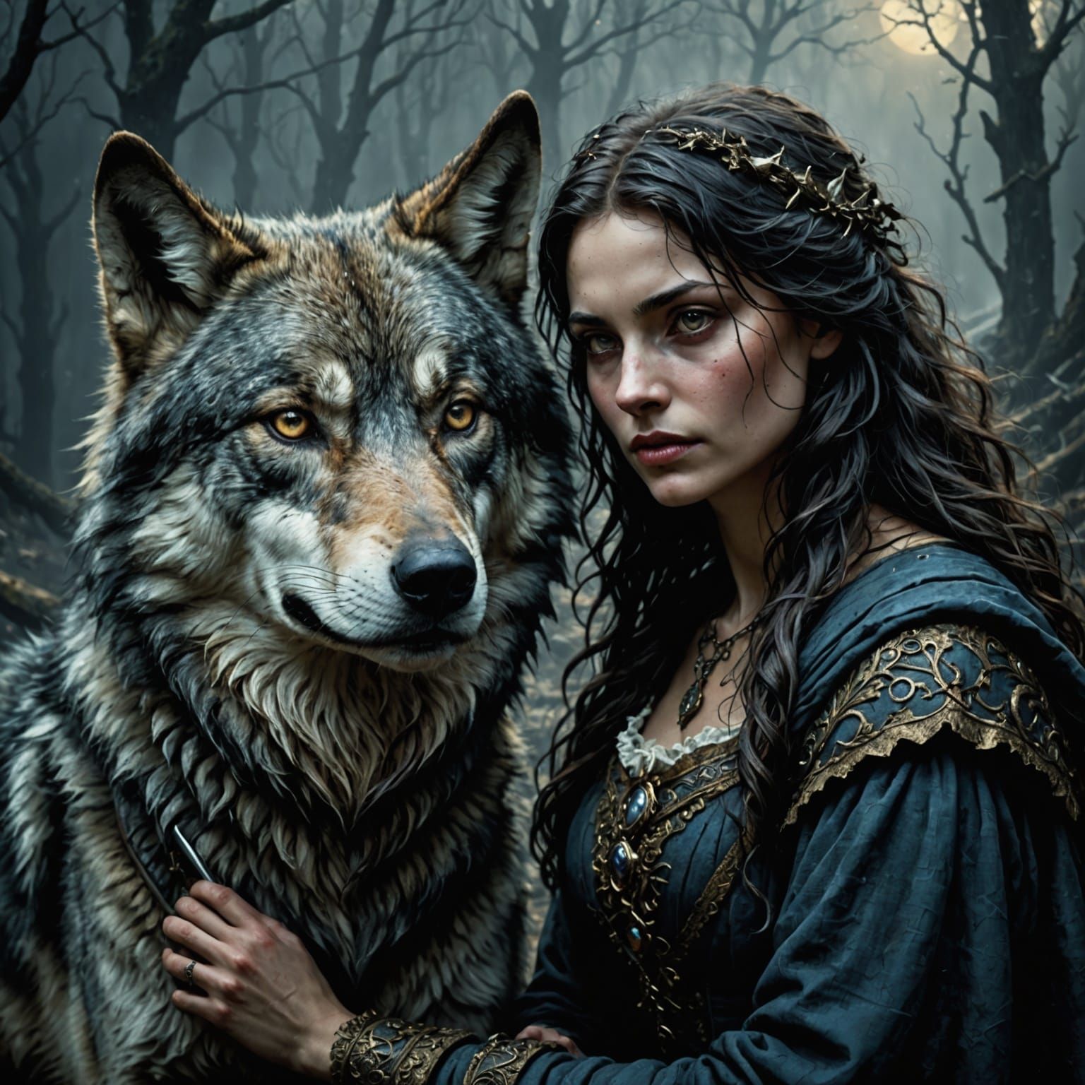 Woman and Wolf in Doré-Rutkowski Style