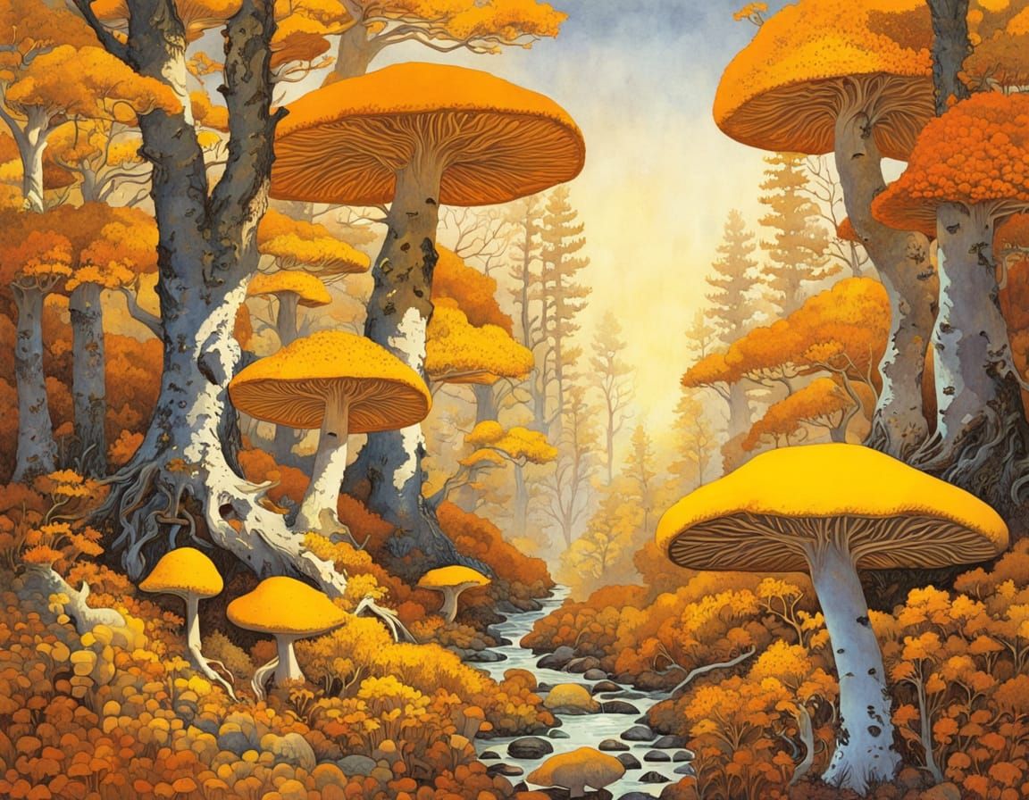 Giant Mushroom Forest in Golden Autumn Light