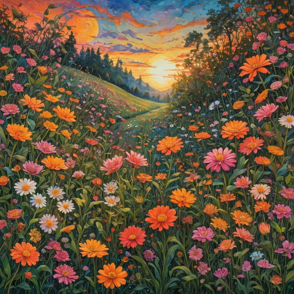 Golden Sunrise Over Fantasy Flower Meadow