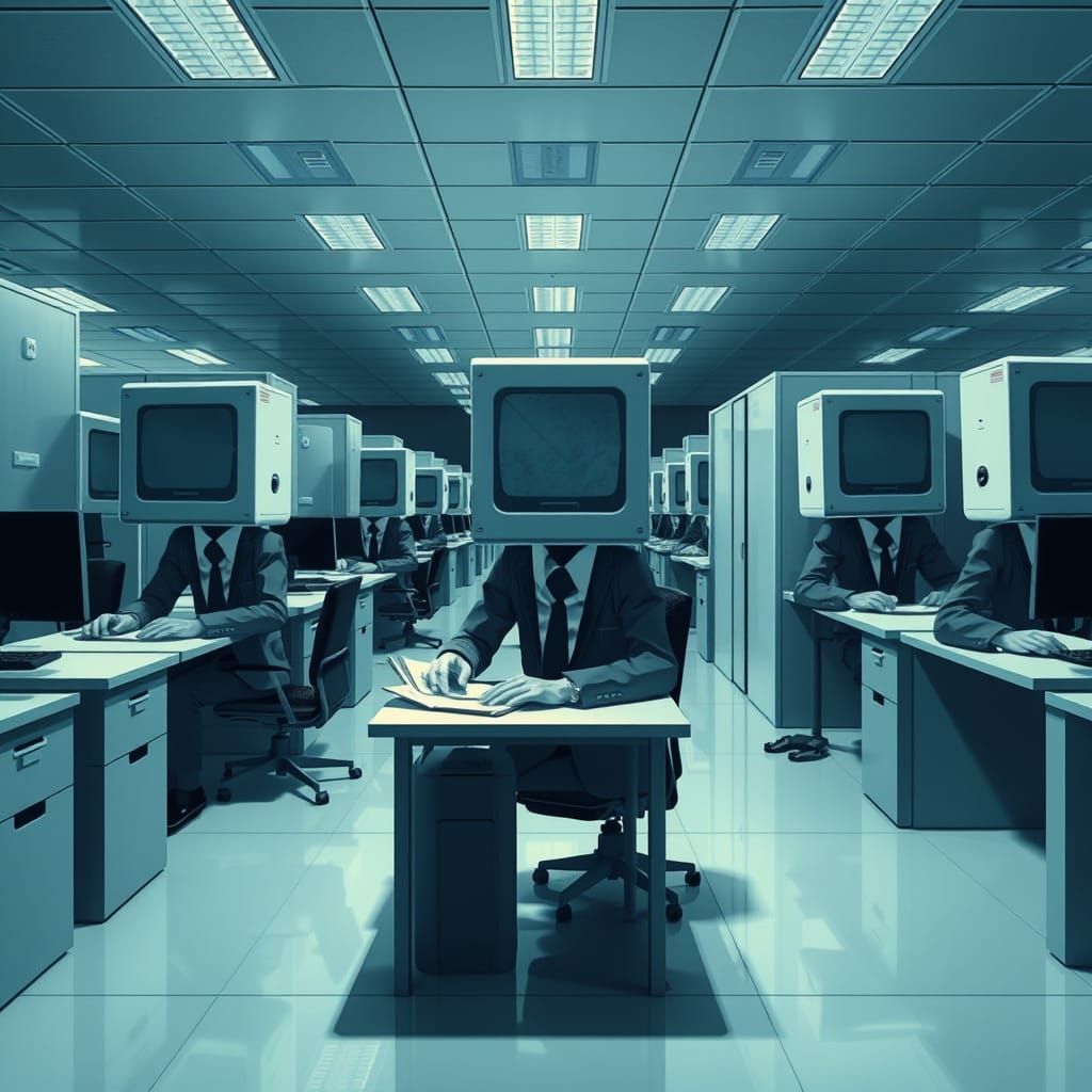 Surreal Cubicle Dwellers in a Sterile Office