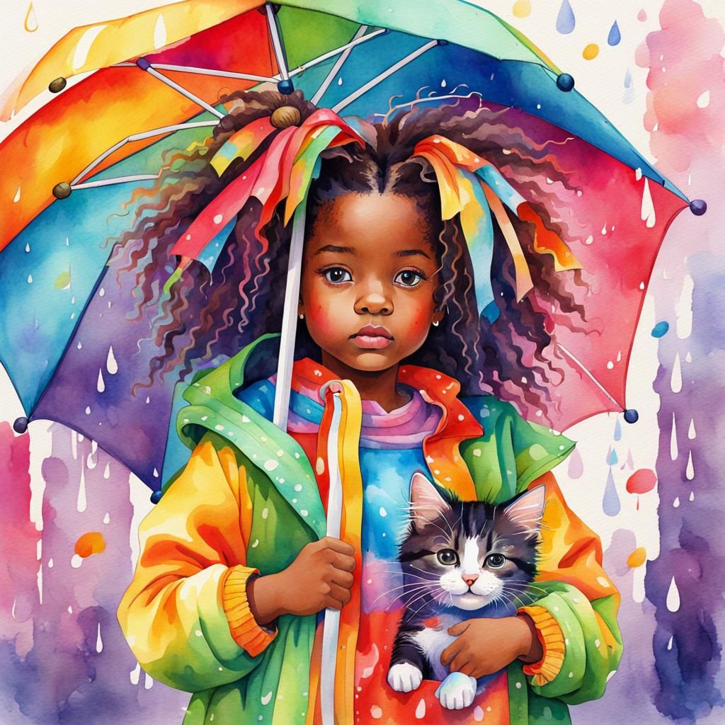 Watercolor Girl with Kitten in Spring Rain