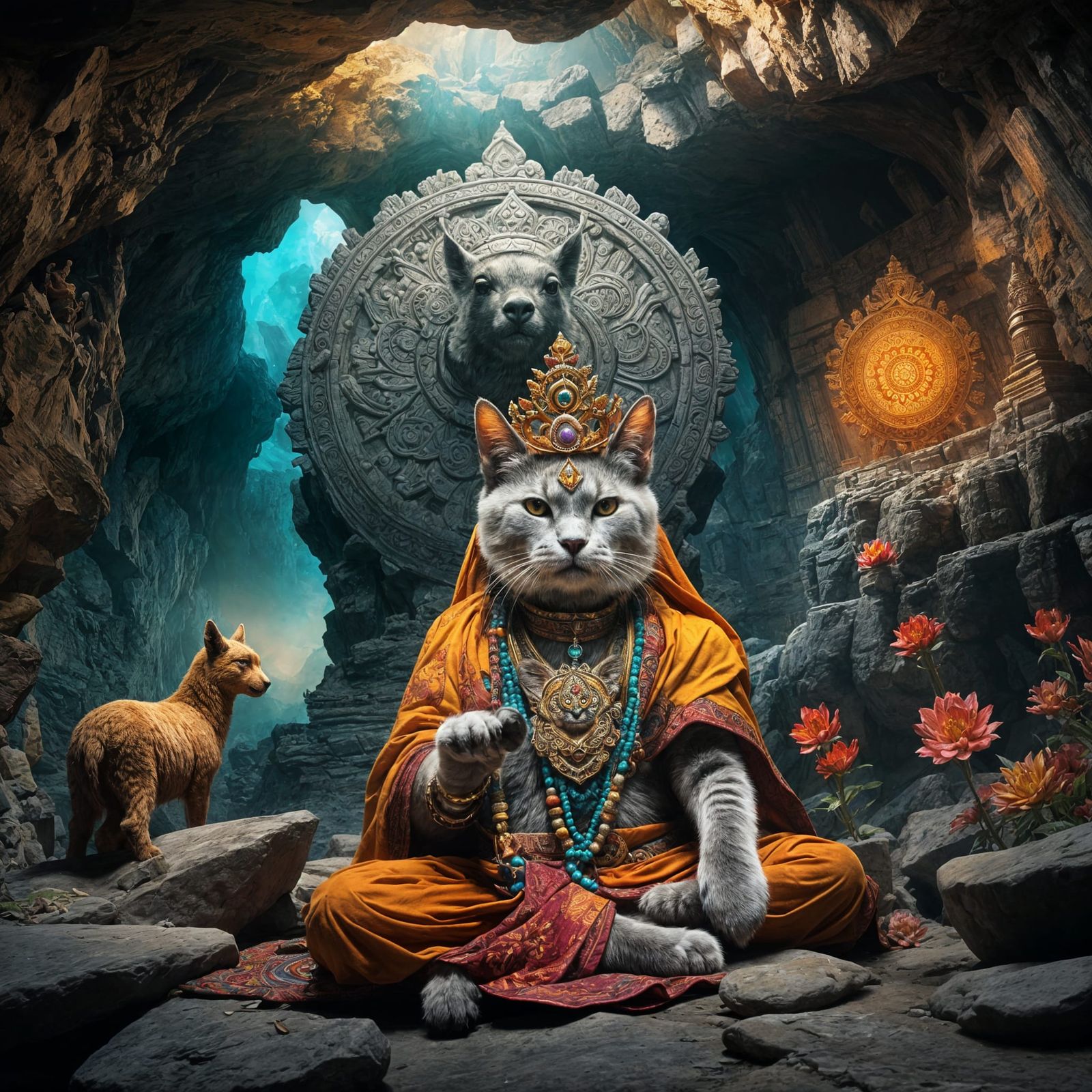 Lakshmi Cat Sneezing on Llama in Cave