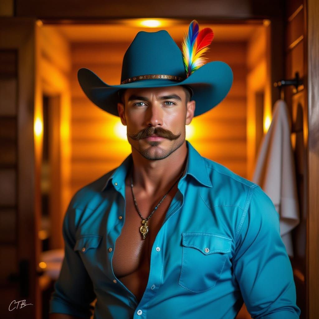 Confident Cowboy in Teal Hat with Rainbow Feather