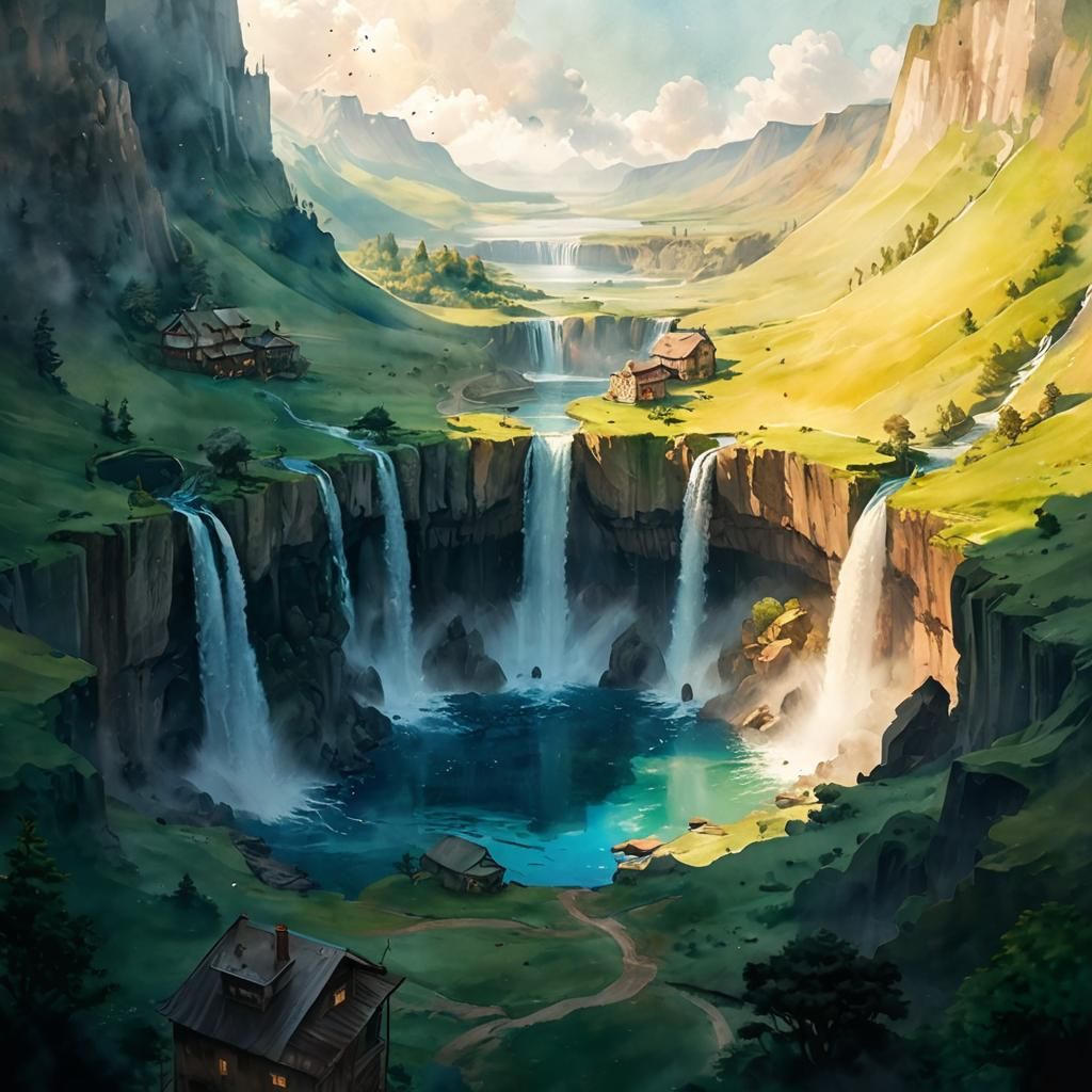 Watercolor Island Crater with Waterfalls