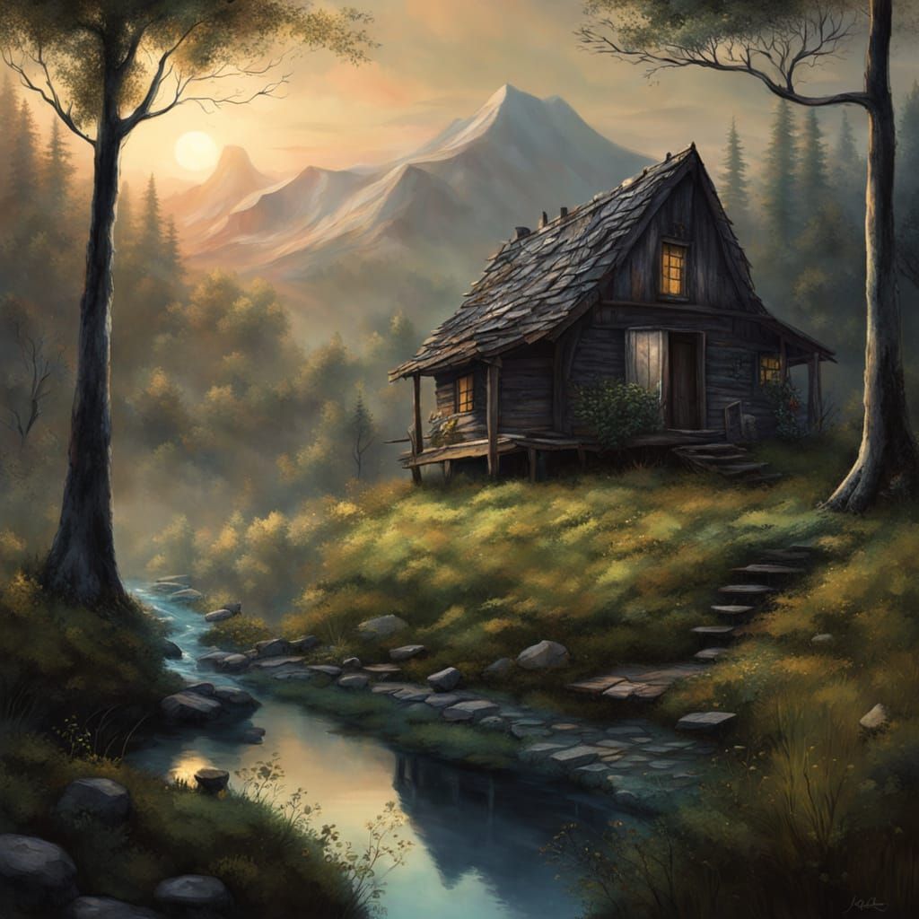Peaceful Mountain Cabin at Twilight Matte Painting