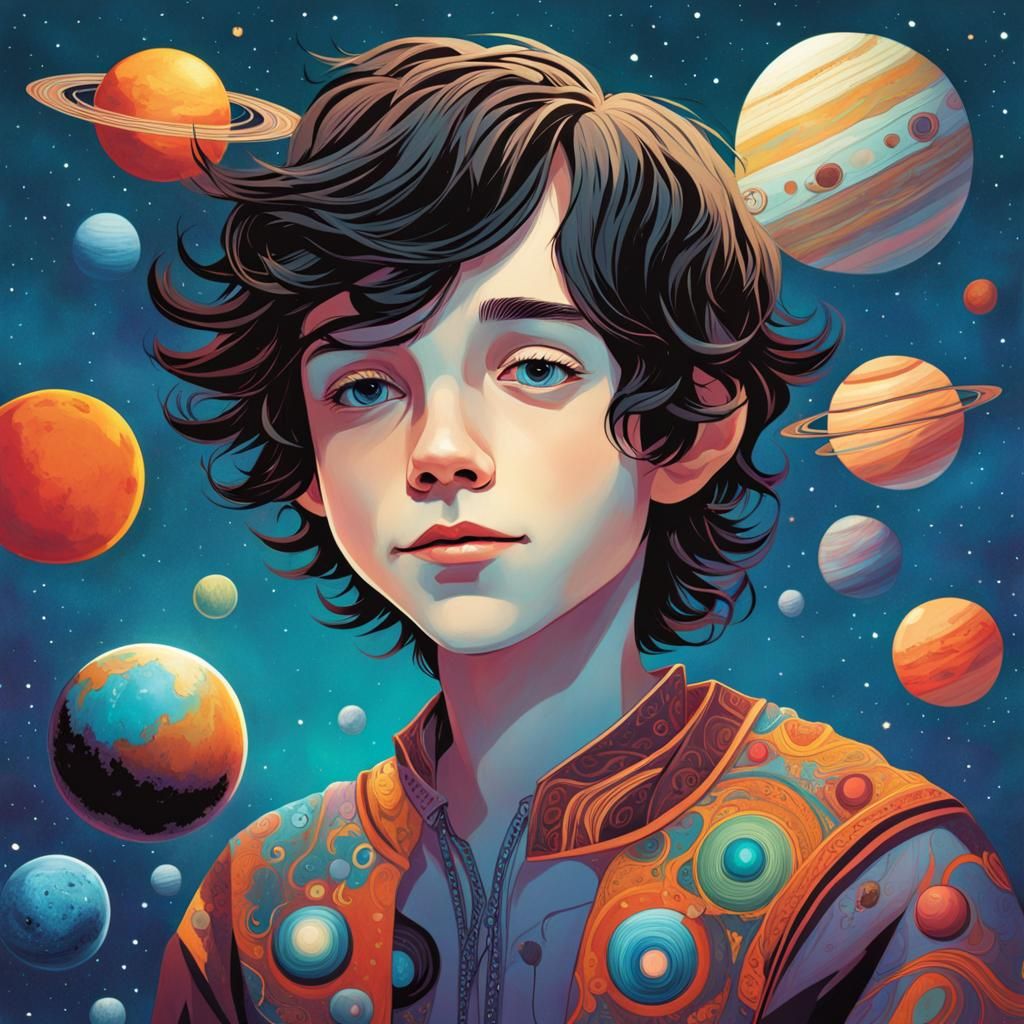 Whimsical Boy Dreams of Planets, Vibrant Illustration