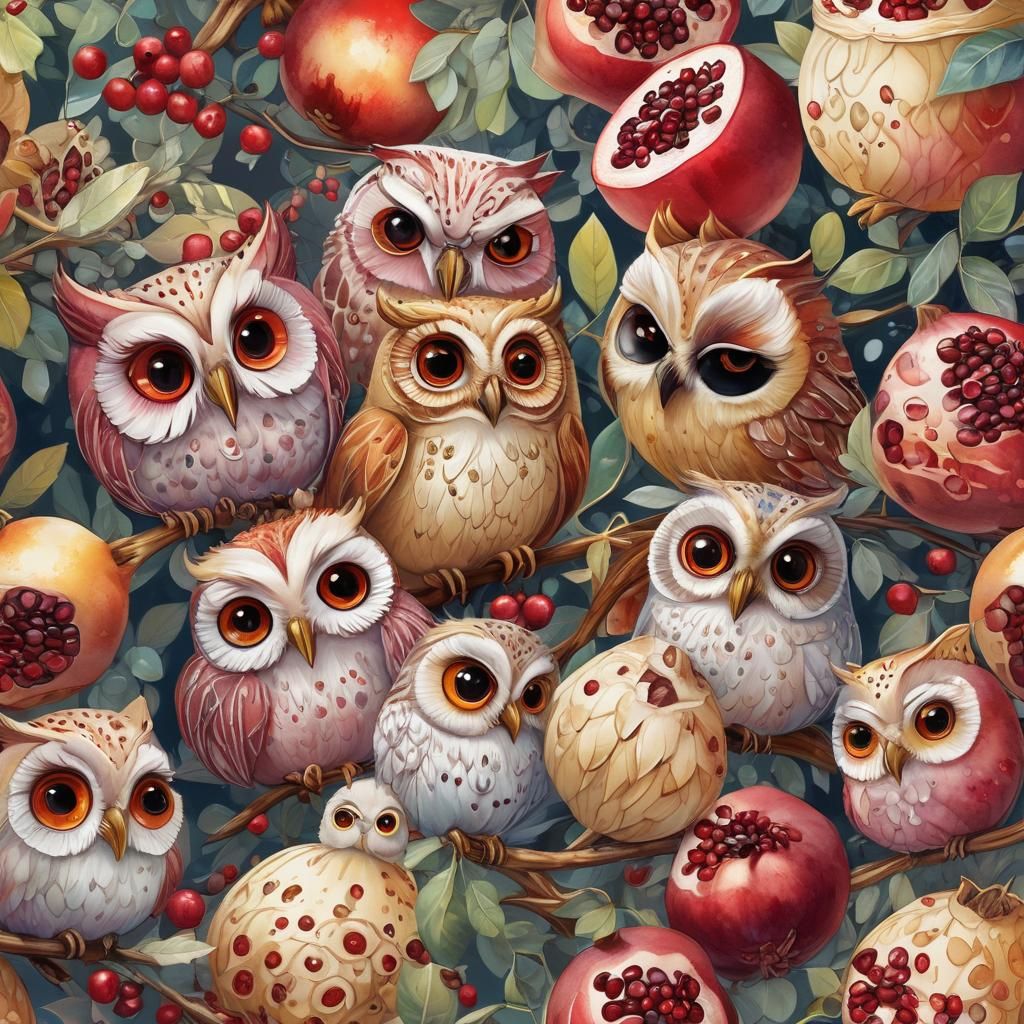 Chibi Pomegranate Seeds with Whimsical Owl Faces in Vibrant ...