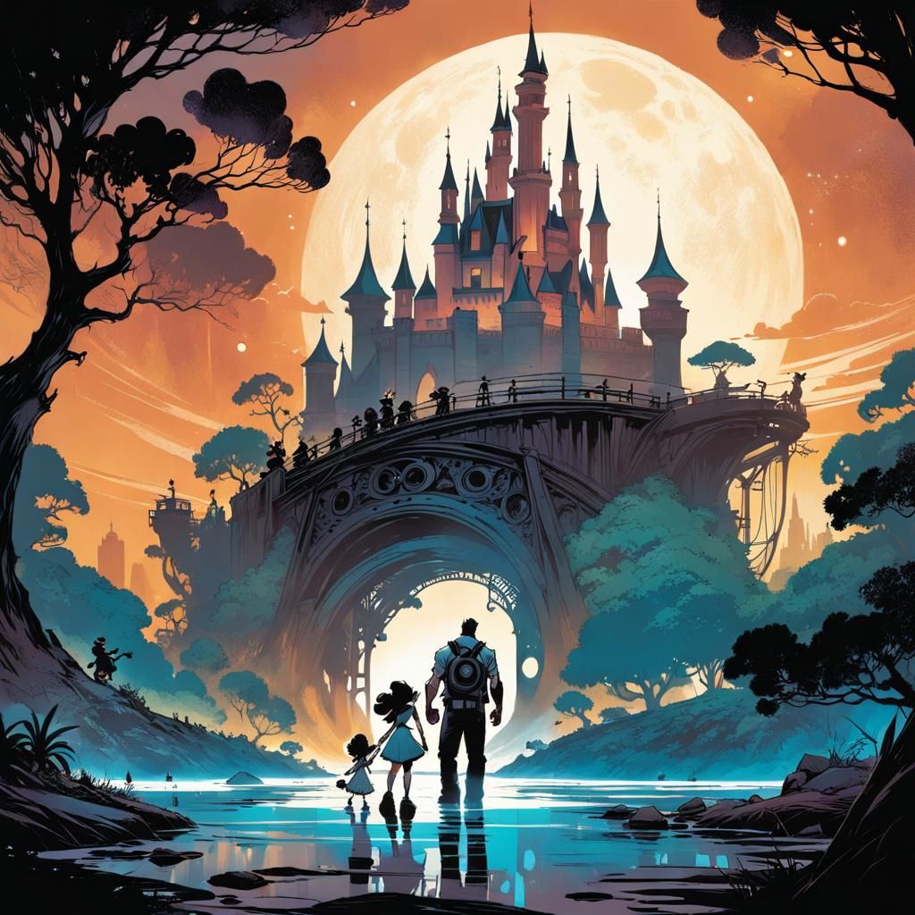 Loving Dad with Kids in Disney Comic Style