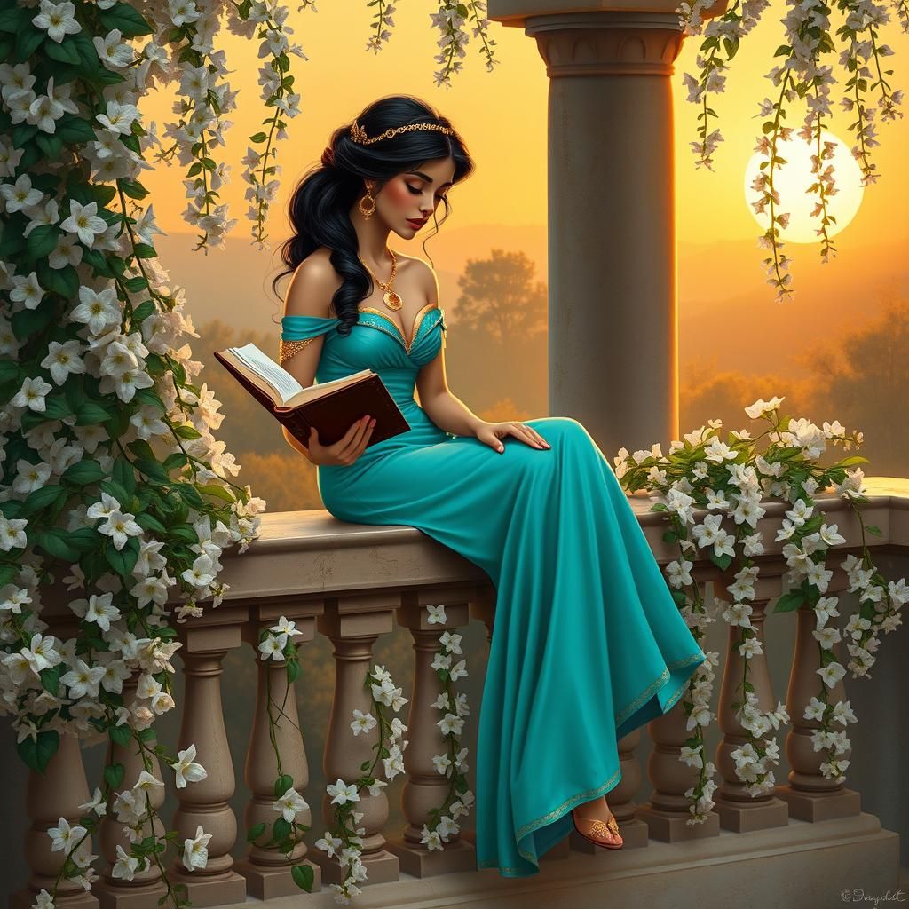 Princess Jasmine Reading, Romantic Sunset Scene