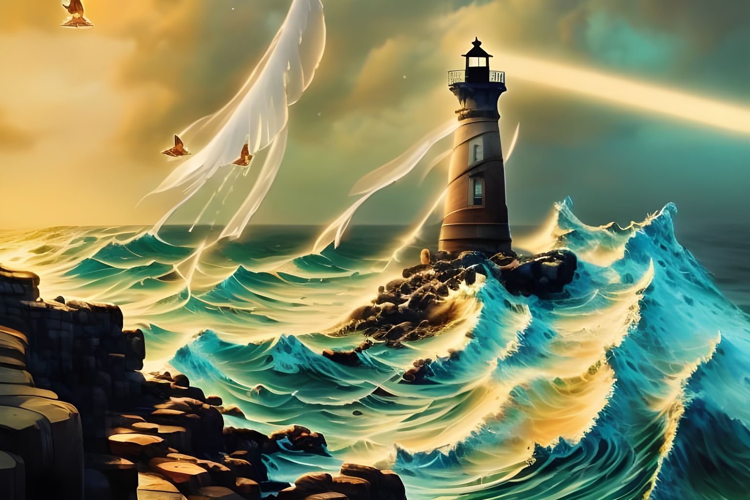 Stormy Sunset Lighthouse Artwork in Detailed Style