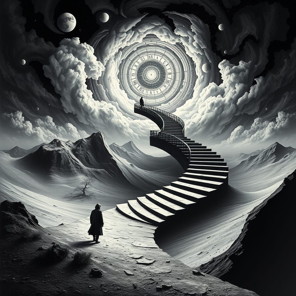 Surreal Wanderer Seeks End of Impossible Staircase