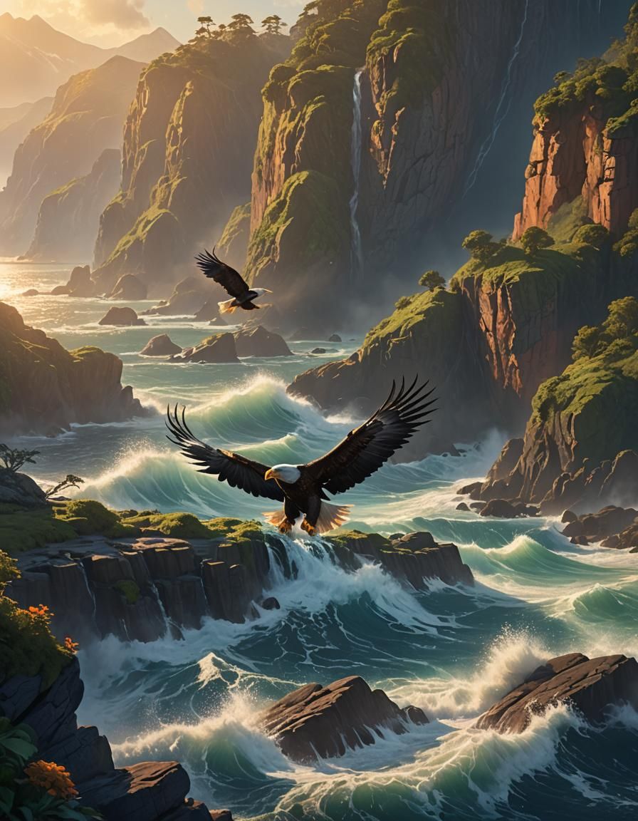 Eagle Catching Fish in Golden Hour: Fantasy Landscape