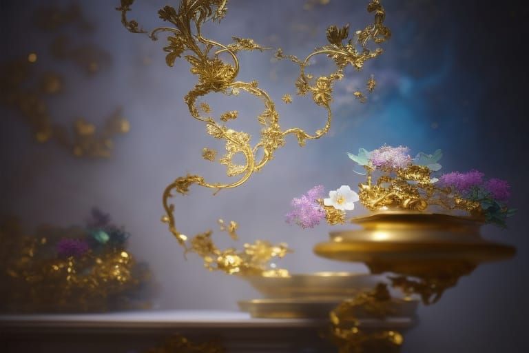 Woman Emerging from Flowers and Gold in Rococo Style