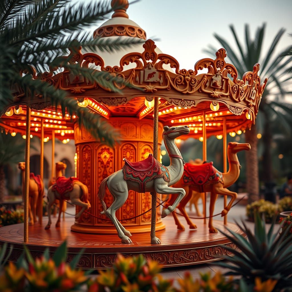 Camel Carousel in Desert Oasis at Twilight