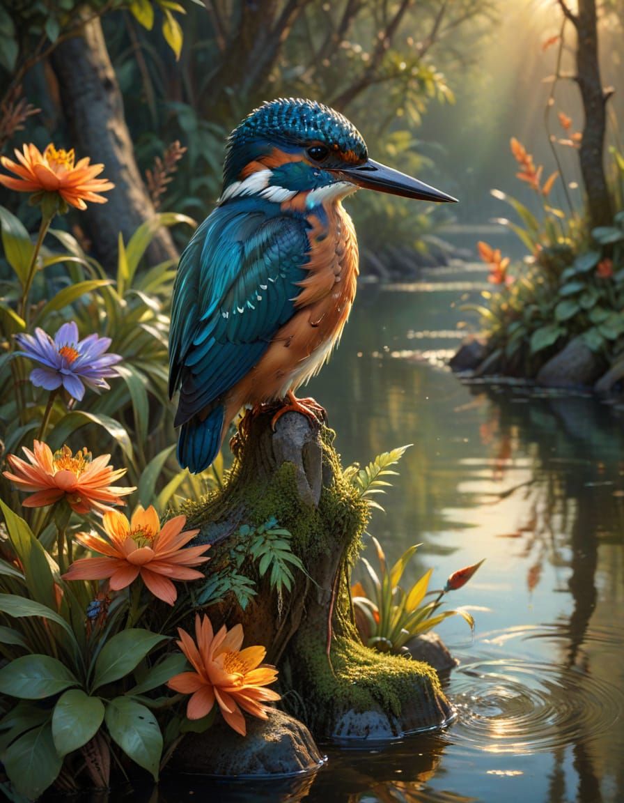 Kingfisher Perched on Mossy Rock at Golden Hour