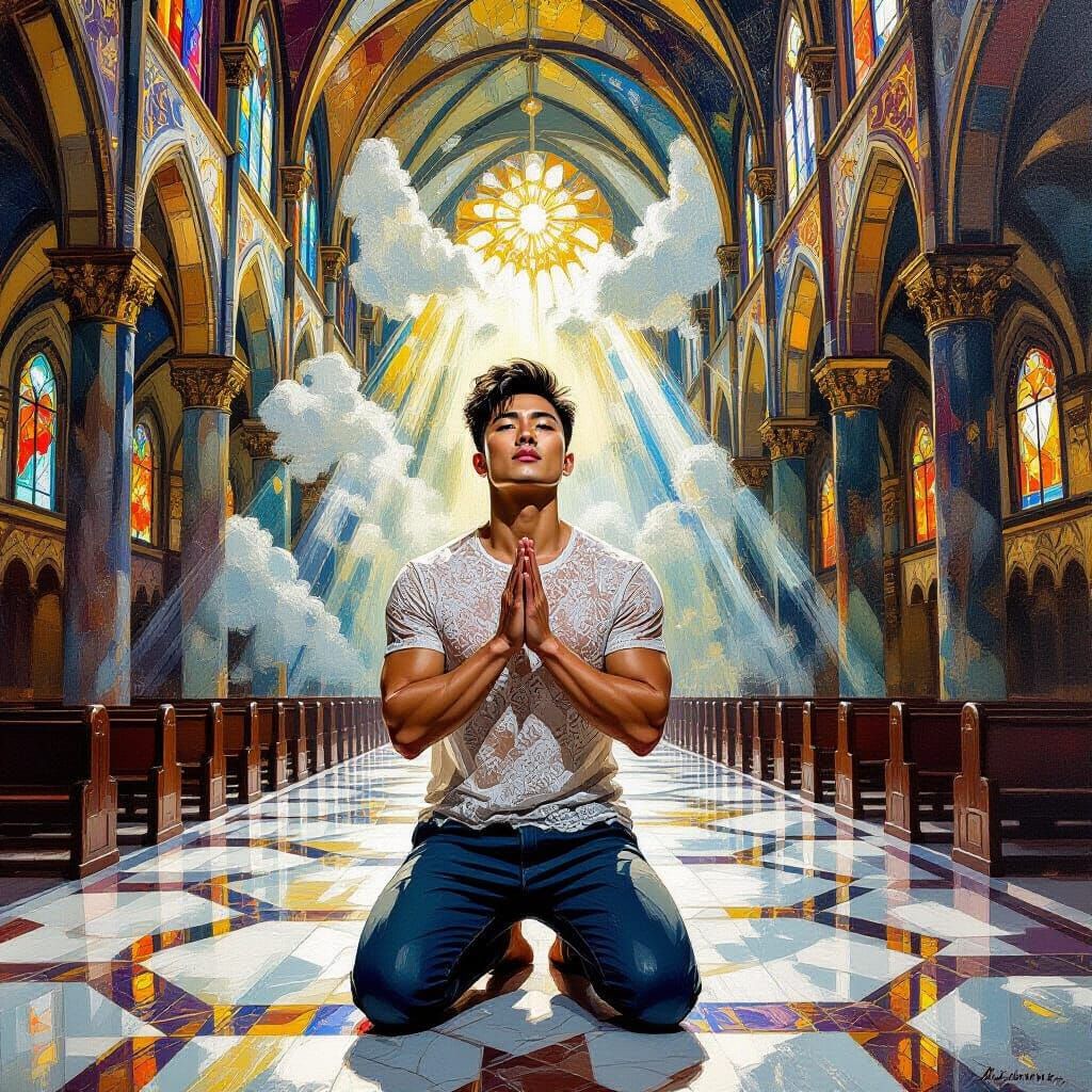 Gay Man Kneeling in Celestial Cathedral - Neo-Impressionist ...