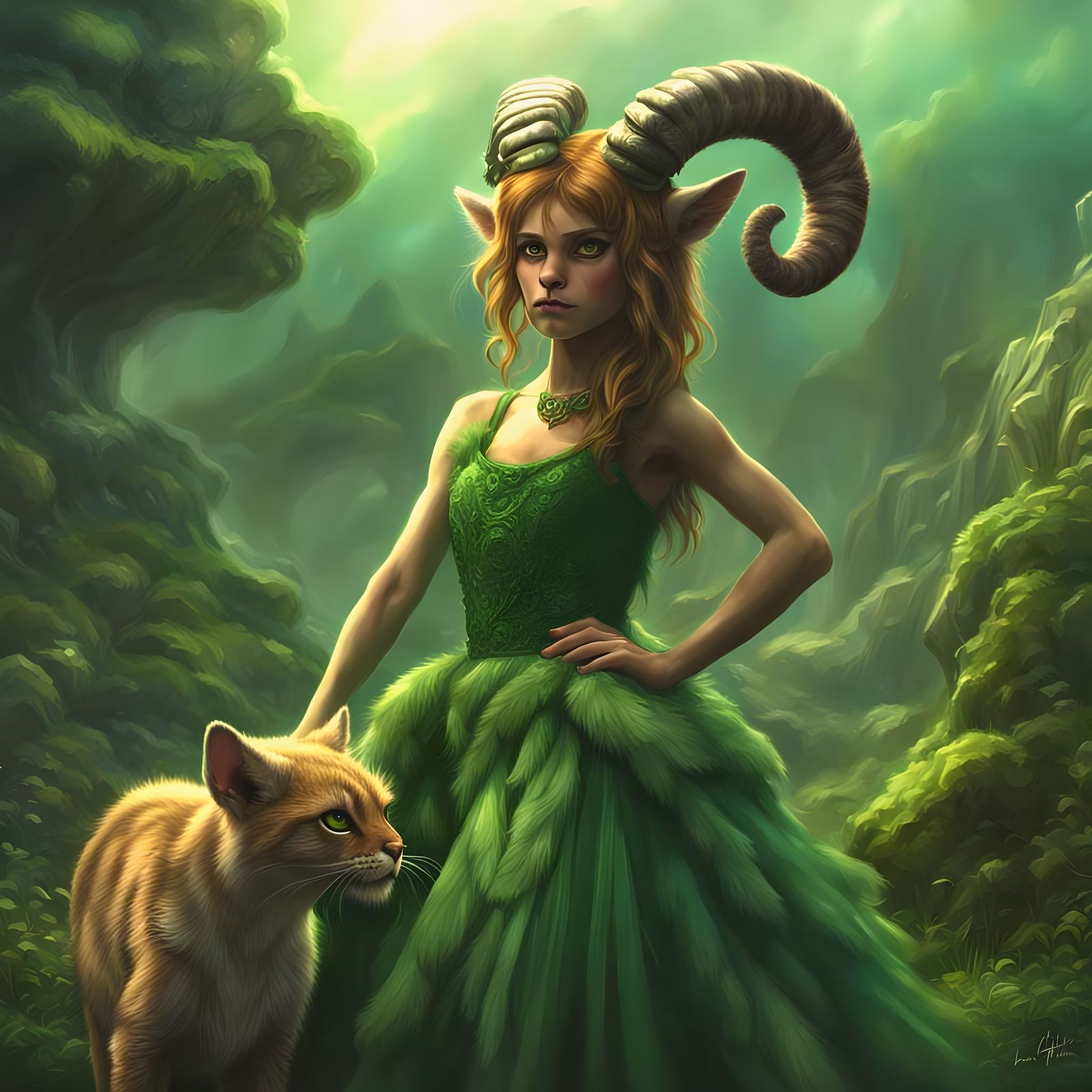 Furry Feline Faun Girl in Green Dress