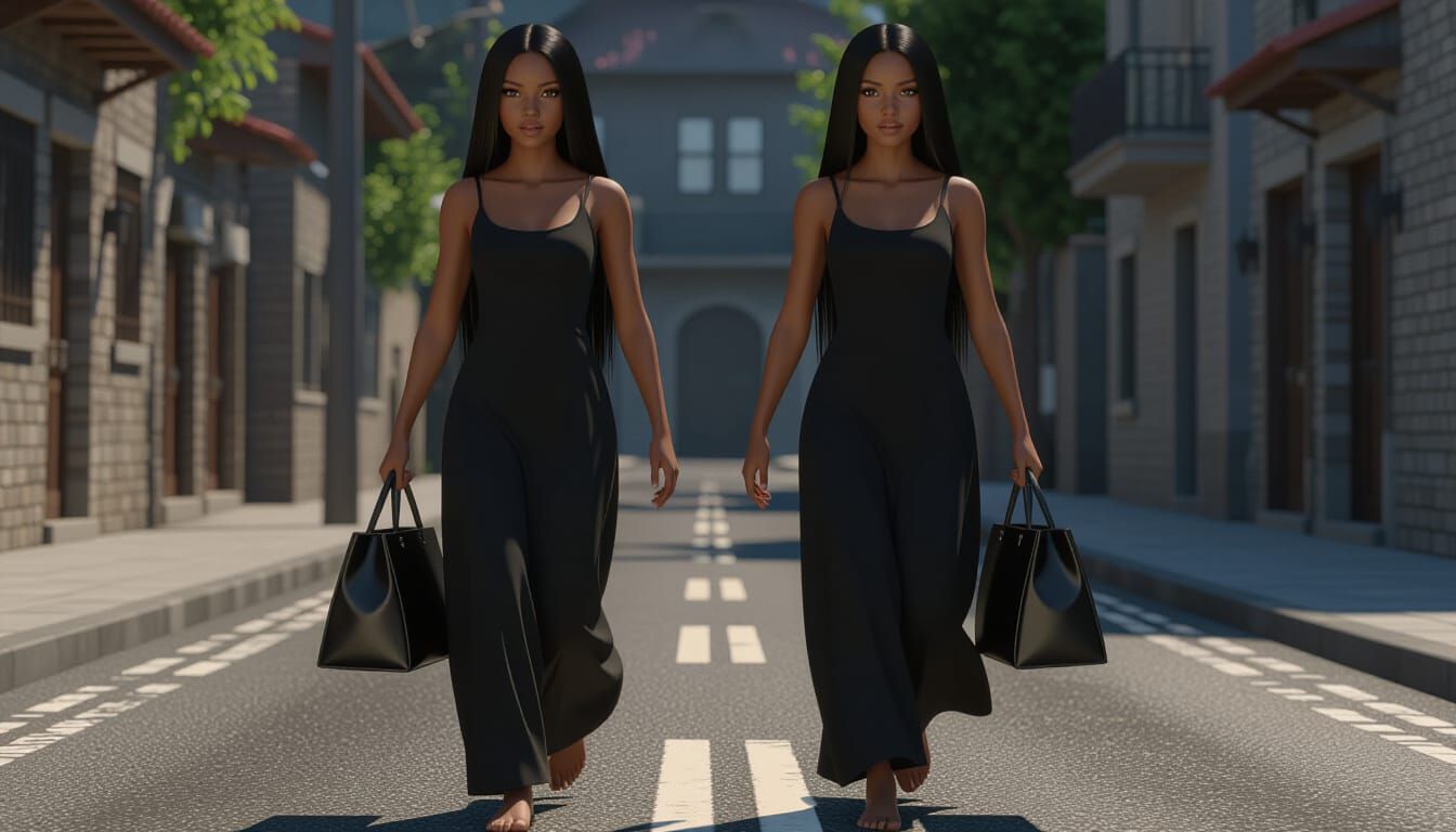 African Twin Sisters Running Down Dark Street