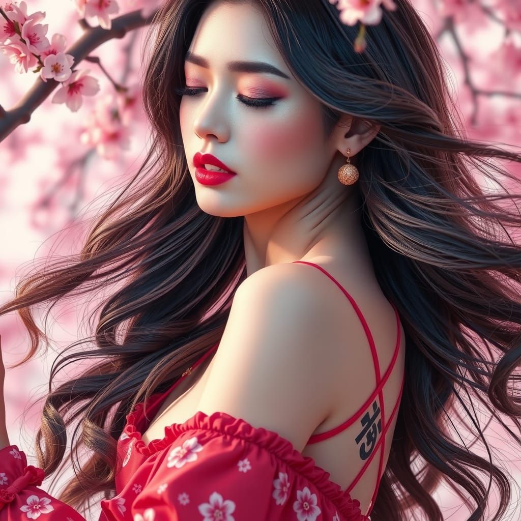 Woman Dancing in Sakura Color Art