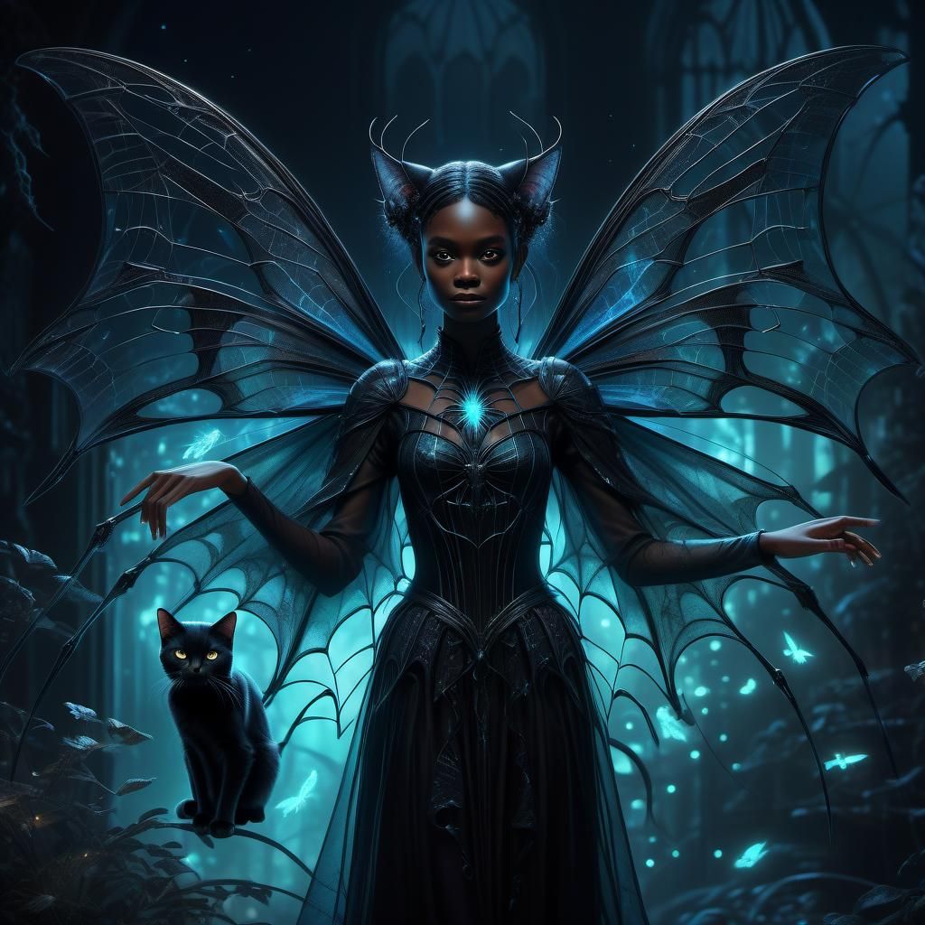 Dark Fairy with Black Cat, Bioluminescent Digital Art
