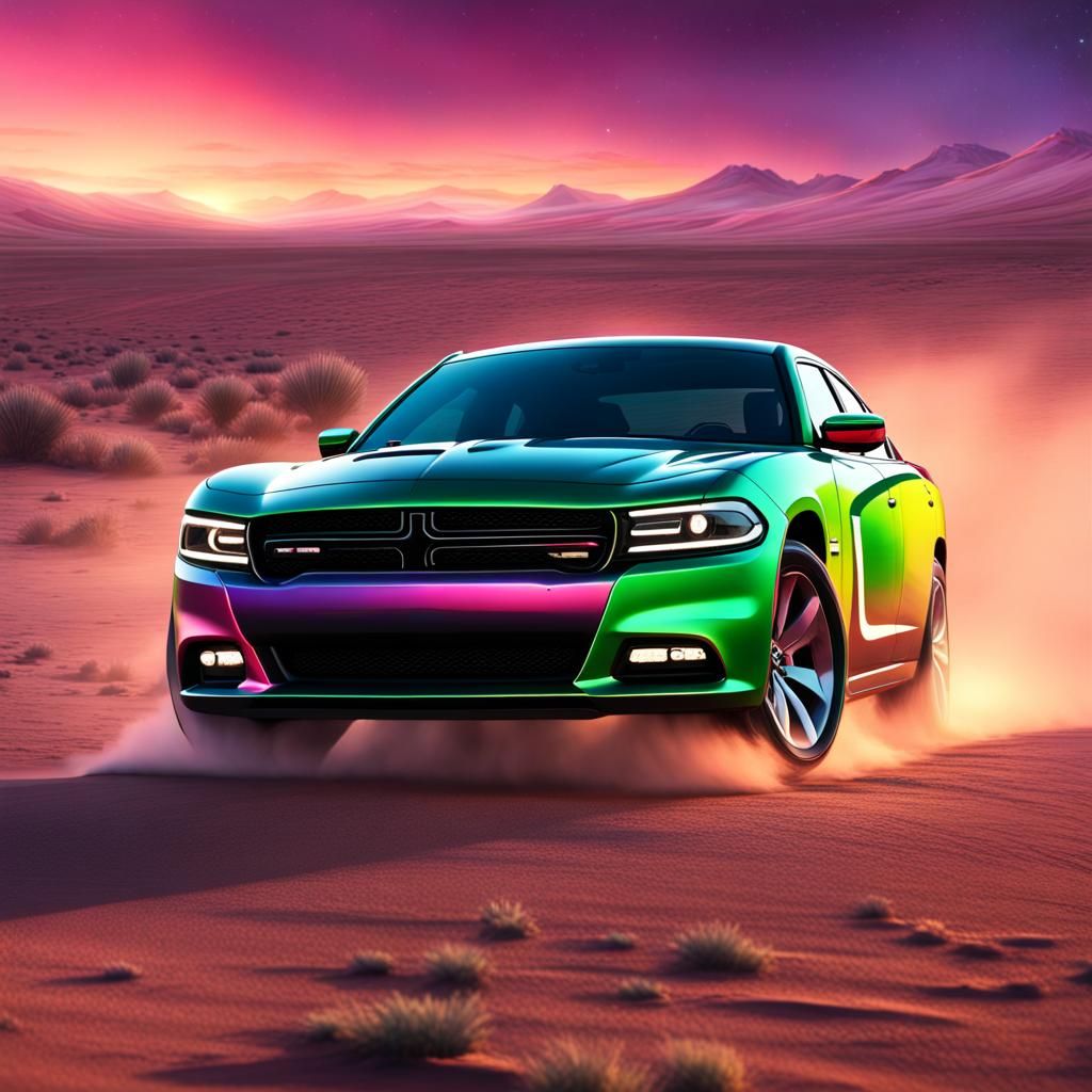 Iredescent Dodge Charger Under Northern Lights