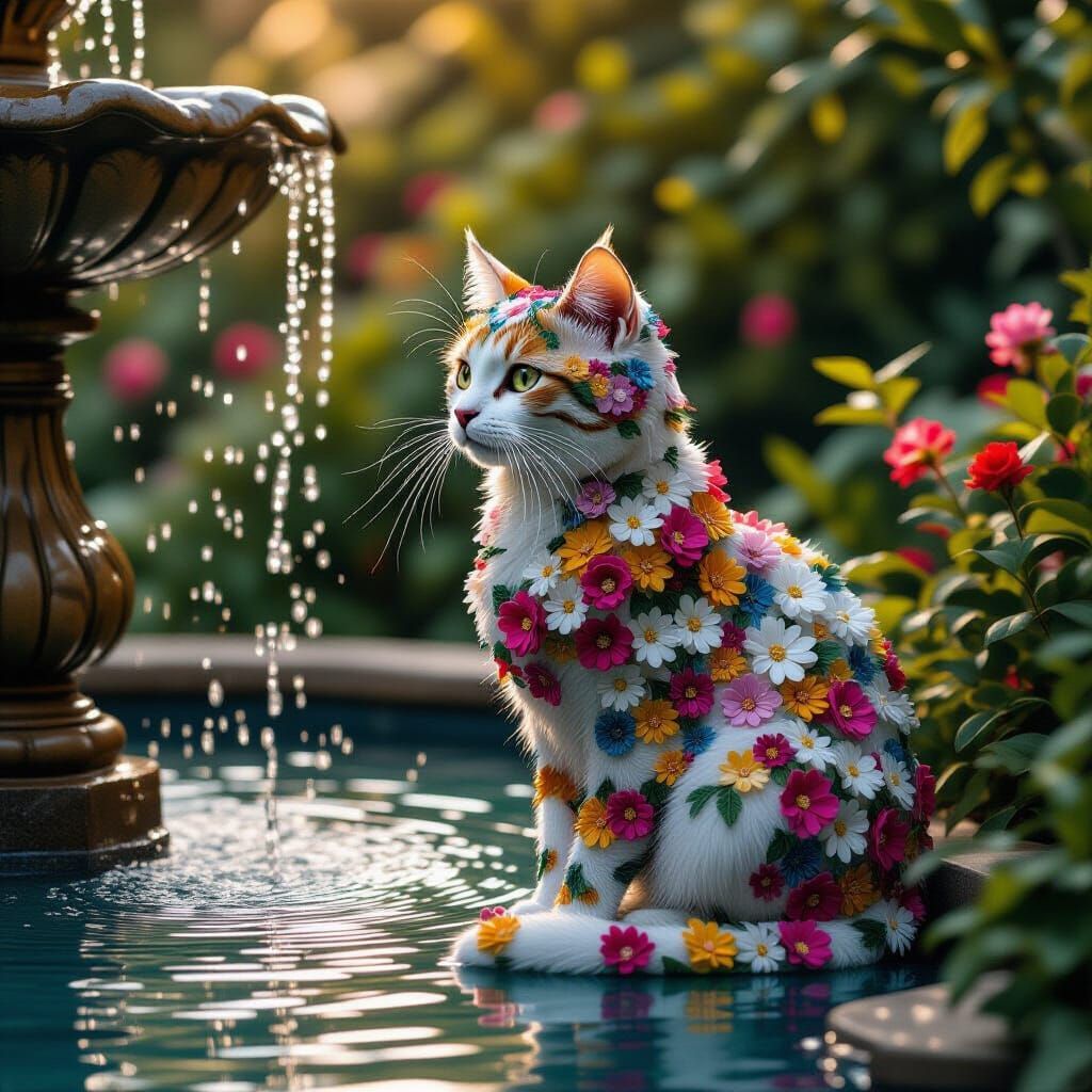 Floral Cat Elegantly Poses by Fountain in Cinematic Style