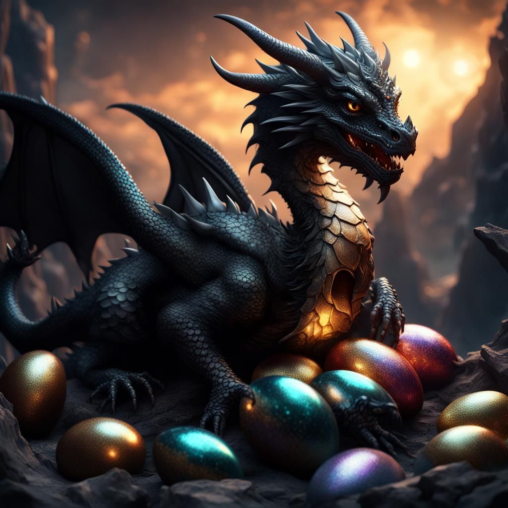 Fantastical Black Dragon Protecting Eggs