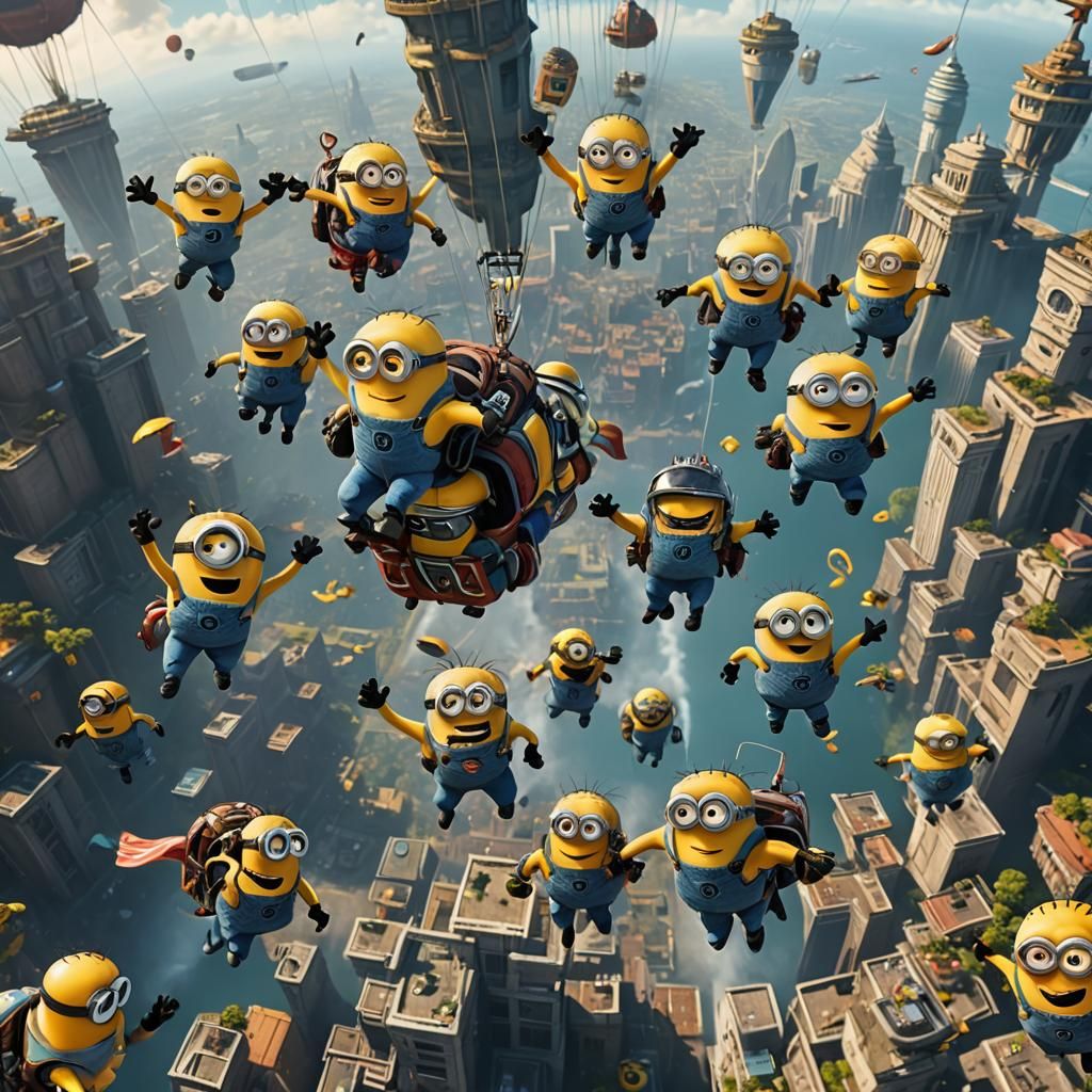 Minions Skydiving in Detailed Matte Painting