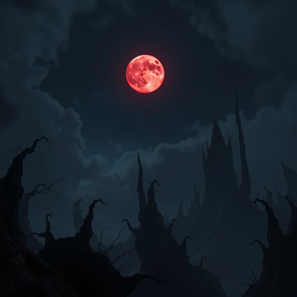 Dark Gothic Landscape Under Blood Moonlight, Epic 3D Videoga...