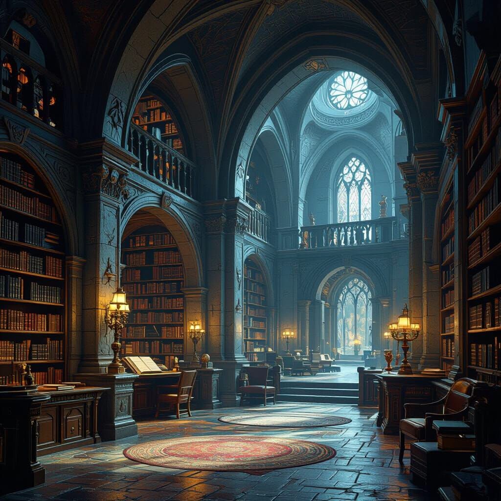 Mystical Library in Fantasy Castle: Dreamlike Ambiance