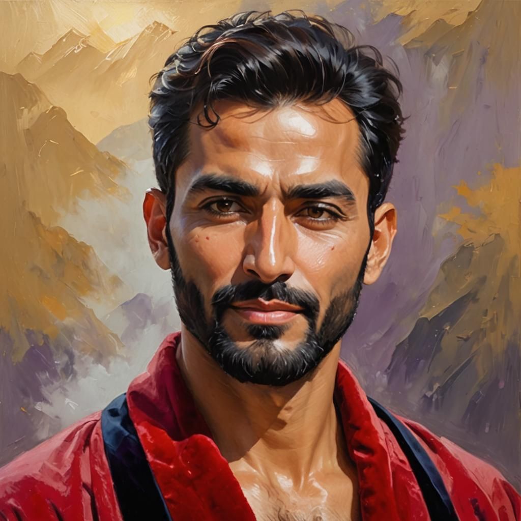 Serene Man in Velvet Robe, Impressionist Oil Painting