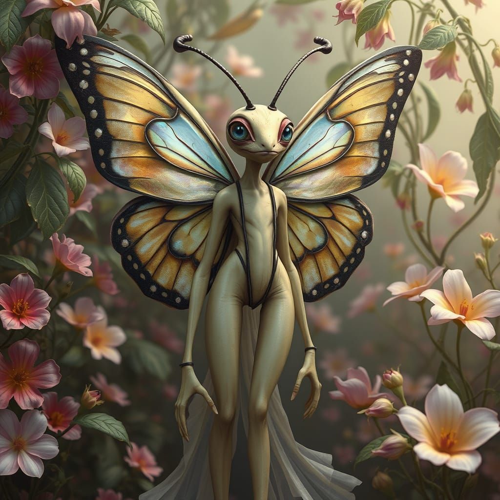 Butterfly-Human Hybrid in Surrealist Garden