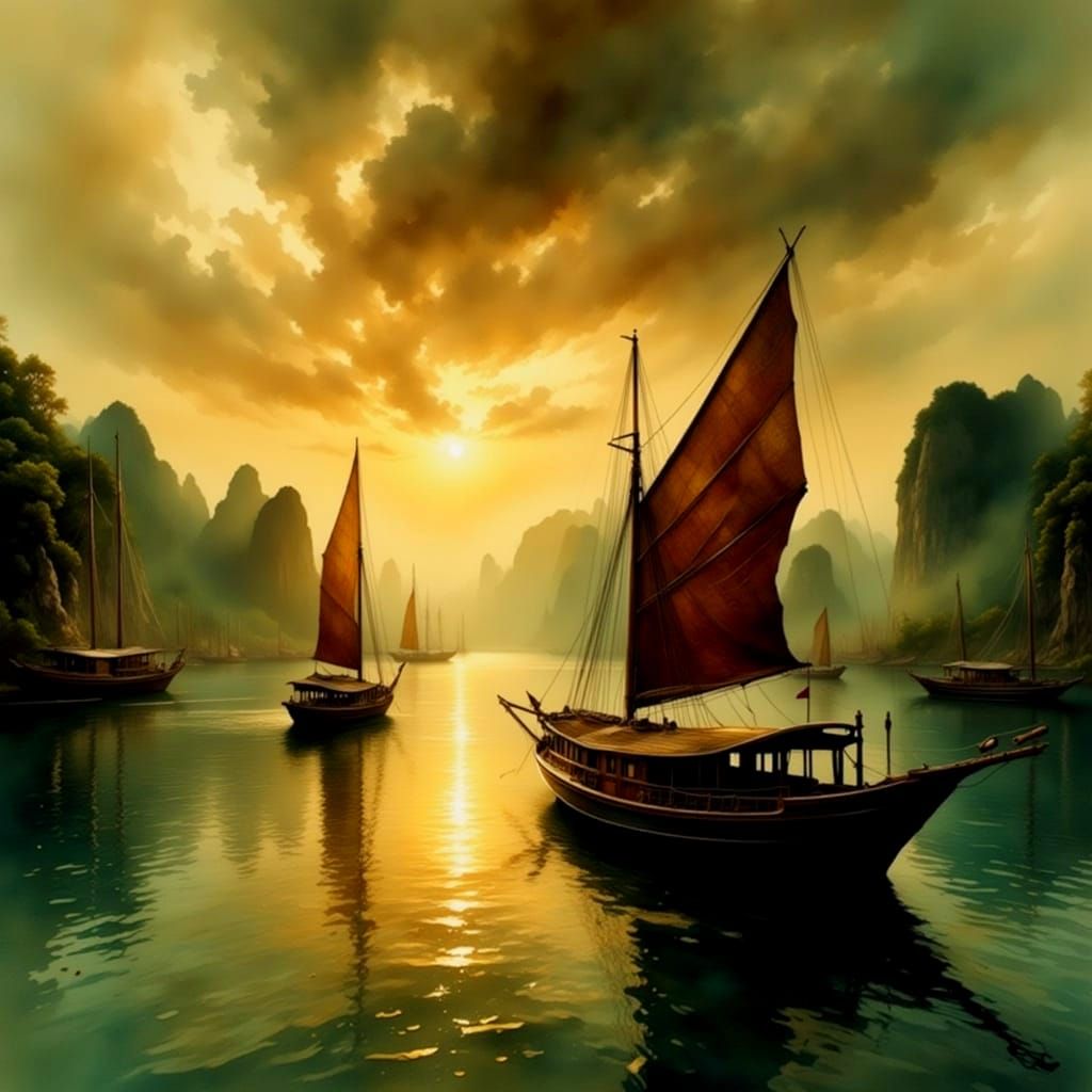 Halong Bay Oil Painting in Gritty Watercolor Style
