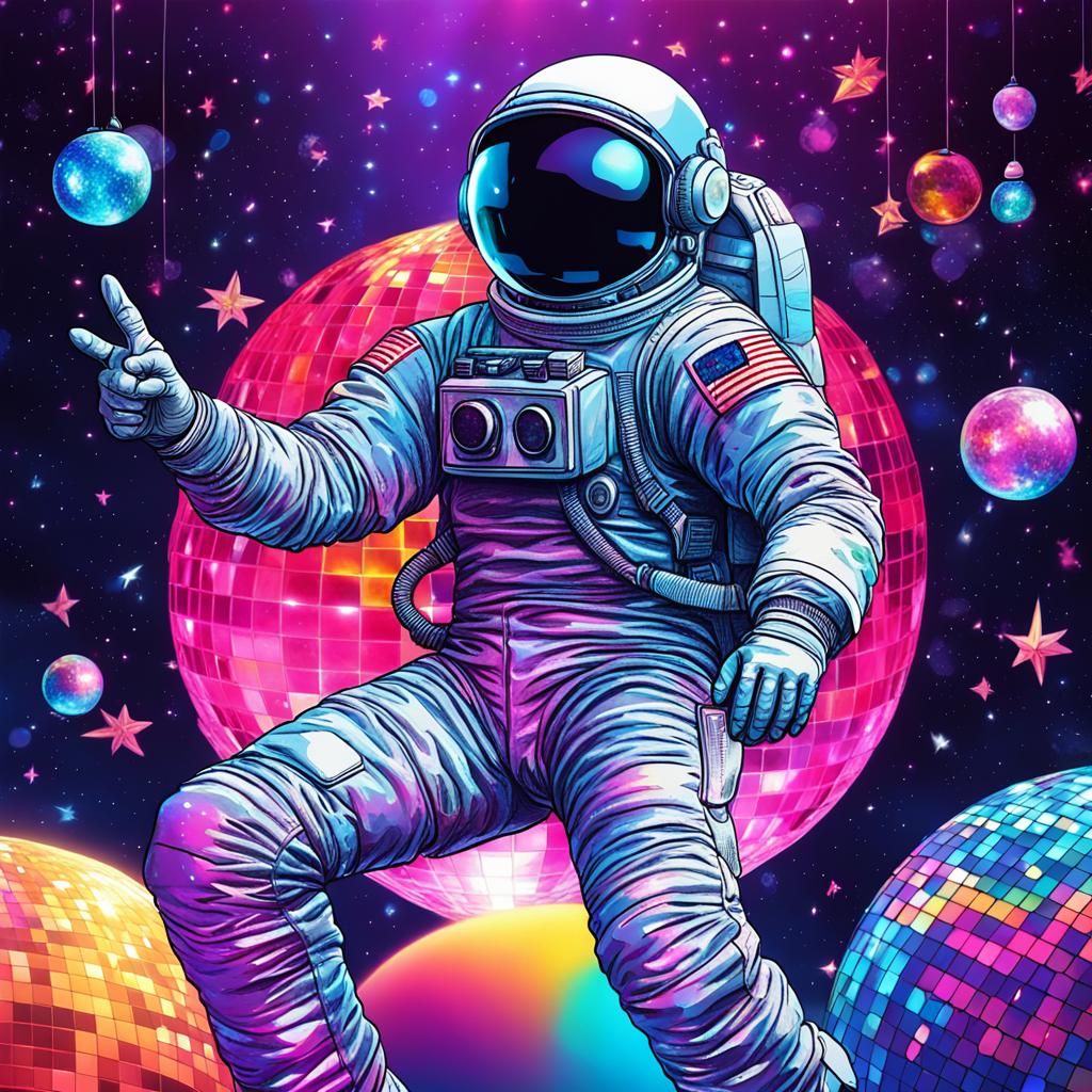 Astronaut on Disco Ball in Space: 80s Party
