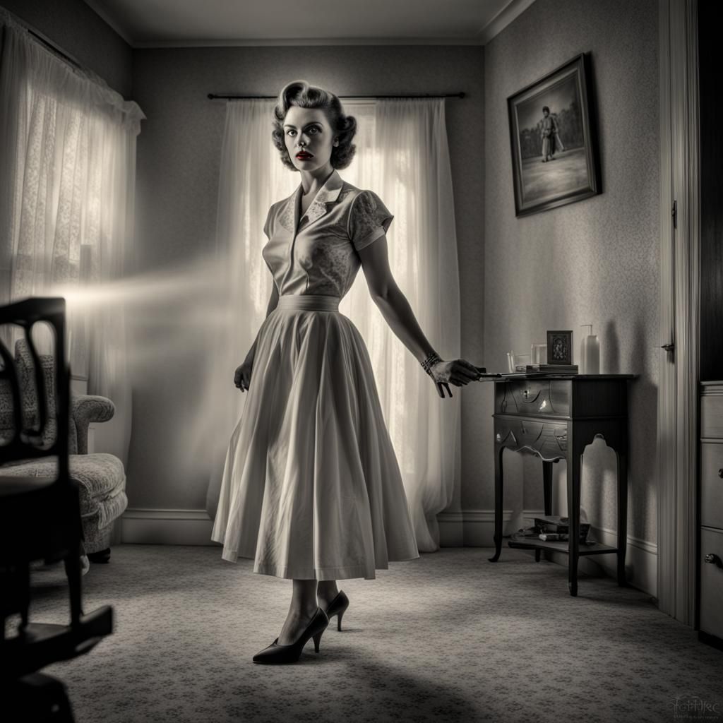 1950s Housewife Ghost in Heels: Hyperrealistic Image