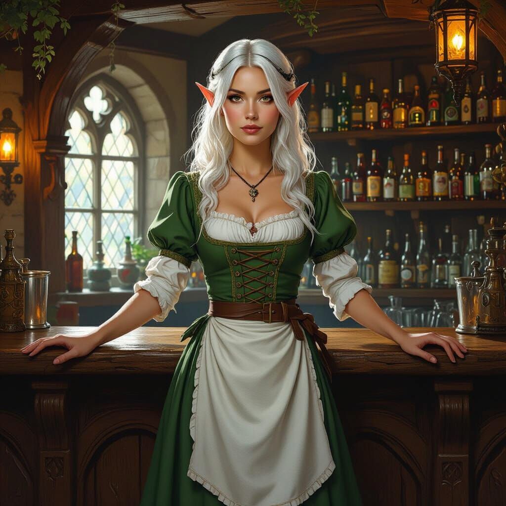 Wood Elf Barmaid in Detailed Matte Painting Style